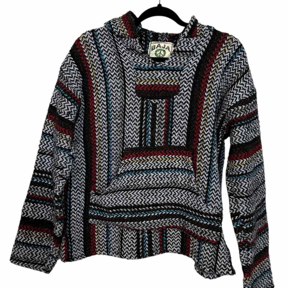 Vtg 90s Baja Joe Striped Woven Hoodie Mens Small Oversized Poncho Surf Pullover